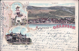 Souvenir De Grandson VD, Village, Château, Edelweiss Et Vaudoise En Costume, Litho (8.10.1909) - Grandson