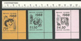 B68-34 CANADA 1988 British Columbia Private Courier Corner Set Of 3 MNH - Vignettes Locales Et Privées