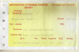 Bus Return Ticket, Bus Station Skopje,Relation Skopje / Bitola,Bus Operator TRANSKOP Bitola,Macedonia, - Unclassified