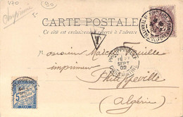 Type Blanc 2 Centimes Seul Sur Carte Postale/imprimé De Belfort Pour Philippeville Algérie Taxé 5c. Sur CP Siège 1870 - 1877-1920: Semi-moderne Periode