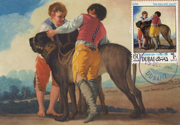 Maximum Card Same Stamp As The View Meme Timbre Que La Vue Dubai 1968 Two Boys With Bull Mastiff - Dubai