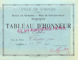 87- LIMOGES- RARE TABLEAU HONNEUR - ECOLE DE GARCONS RUE DE CHATEAUROUX- JEAN CHAPUS 1931-DIRECTEUR FAUCHER - Diploma & School Reports