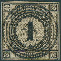 BADEN 1a O, 1851, 1 Kr. Schwarz Auf Sämisch, Zentrischer Nummernstempel 27, Untere Linke Ecke Etwas Hell Sonst Vollrandi - Andere & Zonder Classificatie