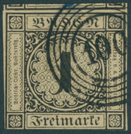 BADEN 1a O, 1851, 1 Kr. Schwarz Auf Sämisch, Nummernstempel 100, Unten Leicht Angeschnitten Sonst Voll-überrandig Pracht - Other & Unclassified