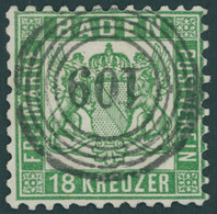 BADEN 21a O, 1862, 18 Kr. Grün, Nummernstempel 109, Oben Repariert, Wie Kabinett, Gepr. Brettl, Mi. (700.-) - Baden