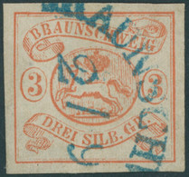 BRAUNSCHWEIG 3 O, 1852, 3 Sgr. Orangerot, Blauer Halbkreisstempel, Gepr. Bühler, Mi. 350.- - Brunswick