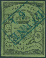 OLDENBURG 5 O, 1859, 1/3 Gr. Schwarz Auf Grünlicholiv, Blauer R2 BERNE, Rückseitige Schürfungen Am Oberrand, Bildseitig  - Oldenburg