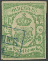 OLDENBURG 10a O, 1861, 1/3 Gr. Blaugrün, Dünne Stellen Sonst Pracht, Diverse Altsignaturen, Mi. 1000.- - Oldenburg