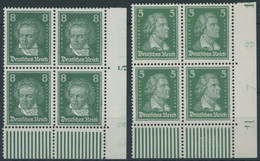 Dt. Reich 387,389 VB **, 1926, 5 Pf. Beethoven Und 8 Pf. Schiller, Je Im Viererblock Aus Der Rechten Unteren Bogenecke,  - Ongebruikt