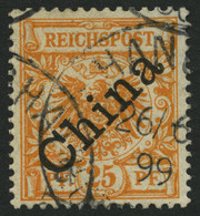 DP CHINA 5IaPFII O, 1898, 25 Pf. Gelblichorange Diagonaler Aufdruck Mit Plattenfehler I In Reichspost Oben Gespalten, Pr - China (kantoren)