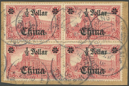 DP CHINA 34B VB BrfStk, 1905, 1/2 D. Auf 1 M., Ohne Wz., Gezähnt B, Im Viererblock Auf Bedarfsbriefstück, Gepr. Bothe, M - China (kantoren)