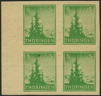 THÜRINGEN 94AXwU VB **, 1945, 5 Pf. Gelblichgrün, Vollgummierung, Ungezähnt, Im Randviererblock, Pracht, Gepr. Herpichbö - Andere & Zonder Classificatie