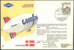 ERSTFLÜGE 1974, Goodyear Luftschiff Europa (N 2A)9.-13.8., Illustrierter Etappen-Flugbrief Dänemark - Großbritannien, Pr - Airmail