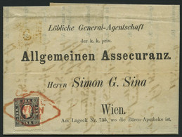 ÖSTERREICH 11II BRIEF, 1859, 3 Kr. Schwarz, Type II, Mit Zentrischem Roten Rhombenstempel WIEN, Auf Dekorativem Versiche - Gebruikt