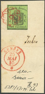 GENF 3 BrfStk, 1845, 5 C. Schwarz Auf Lebhaftgelboliv Kleiner Adler Auf Großem Briefstück, Rechte Randlinie Angeschnitte - 1843-1852 Federal & Cantonal Stamps