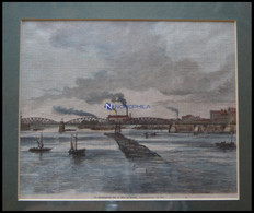 BREMEN: Die Eisenbahnbrücke über Die Weser, Kolorierter Holzstich Um 1880 - Prenten & Gravure