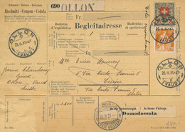 1931 Ecusson 2f + Helvetia 60c Sur BULLETIN EXPEDITION ETRANGER > TURIN ITALIE OBL OLLON 25/2/31 DOMODOSSOLA ECHANGE - Storia Postale