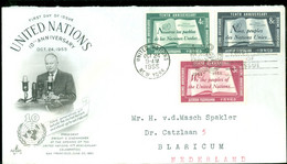 UN UNITED NATIONS * NY STAMP SET FDC OCT 24 1955 *  Air Mail To BLARICUM NEDERLAND  (12.144y) - Briefe U. Dokumente