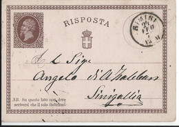 INTERO REGNO VITTORIO EMANUELE II 15+R C 1877 RISPOSTA RIMINI X SENIGALLIA - Entiers Postaux