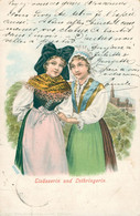 Fantaisie Folklore Costume Alsace Alsacienne Elsässerin Et Lorraine Lothringerin Nœud Bonnet Cathédrale Belle Litho 1899 - Personajes