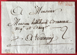 Belgique, Griffe Rouge MONS Sur Lettre 1791 Pour Tournay - (A791) - 1794-1814 (Periodo Frances)