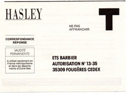 ILLE & VILAINE - Dépt N° 35 = FOUGERES 1989? = CORRESPONDANCE REPONSE T  ' Ets BARBIER / CHAUSSURES HASLEY ' - Cartes/Enveloppes Réponse T