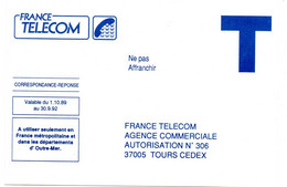 INDRE & LOIRE - Dépt N° 37 = TOURS 1989 = CORRESPONDANCE REPONSE T  ' FRANCE TELECOM ' - Cartes/Enveloppes Réponse T