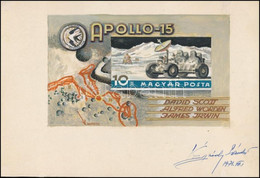 1971 Légrády Sándor Grafikus Blokkterve Apollo-15 Blokkhoz, Aláírással. Képméret: 140 X 88 Mm - Other & Unclassified