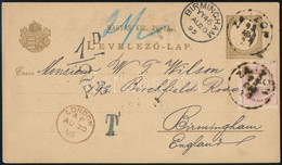 1895.aug.17. 2kr Díjjegyes Levelezőlap Színesszámú 2kr Díjkiegészítéssel "ZAJZON" - "BIRMINGHAM" A Hiányzó 1kr Miatt 1/2 - Other & Unclassified