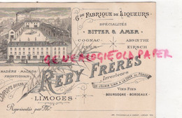 87-  LIMOGES- RARE CARTE PUBLICITE REBY FRERES -ELIXIR LIMA COCA PEROU-DISTILLERIE-MALAGA-FRONTIGNAN-BOUTARD-ABSINTHE - Artesanos