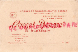 87-  LIMOGES- RARE CARTE CORSET DEESSE DS LINGERIE- G. CLEMENT -29 AVENUE BAUDIN- PARIS-42 RUE FLANDRE-CONFECTION - Textile & Clothing