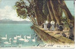 Cully - Le Quai. Animée. Femmes, Hommes, Landau Avec Bébé. Lac, Cygnes Blancs. Cachet Linéaire CULLY + Ambulant 1906 - Cully