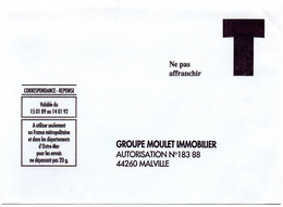 LOIRE ATLANTIQUE - Dépt N° 44 = MALVILLE 1989 = CORRESPONDANCE REPONSE T ' GROUPE MOULET IMMOBILIER ' - Cartes/Enveloppes Réponse T