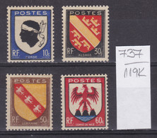 119K737 / France 1946 Michel Nr. 752-755 MNH (**) Coat Of Arms Corse Alsace Lorraine Comté De Nice , Frankreich Francia - Neufs