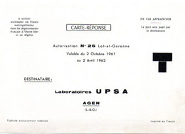 LOT & GARONNE - Dépt N° 47 = AGEN 1961 = CARTE REPONSE T  ' LABORATOIRES UPSA / ASPIRINE ' - Cartes/Enveloppes Réponse T