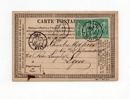 !!! CARTE PRECURSEUR TYPE SAGE AFFRANCH 5 + 10 C DE PARIS POUR LYON DE 1877 - Vorläufer