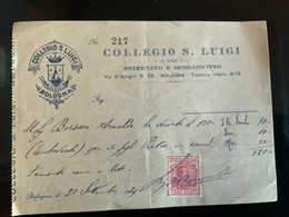 1929  - COLLEGIO S.LUIGI BOLOGNA Ricevuta Versamento , Marca Bollo C.20 - Fiscaux