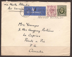 GREAT BRITAIN. 1939. GV & GVI MIXED ISSUE COVER. NORTH ATLANTIC AIR SERVICE TO CANADA. POINTE AU PIC ARRIVAL ON REVERSE. - Covers & Documents