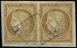 EMISSION DE 1849 - 1    10c. Bistre-jaune, PAIRE, Oblitérée GRILLE Sur Fragment, TB - 1849-1850 Ceres