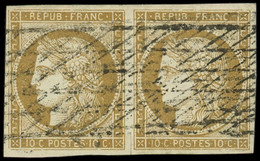 EMISSION DE 1849 - 1b   10c. Bistre-VERDATRE, PAIRE Oblitérée GRILLE SANS FIN, TB - 1849-1850 Ceres