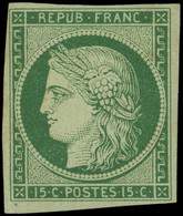 * EMISSION DE 1849 - 2    15c. Vert, Belle Nuance, Pli Dans Un Angle, Aspect TB, Certif. JF Brun - 1849-1850 Ceres