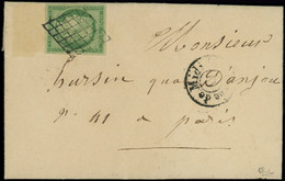 Let EMISSION DE 1849 - 2    15c. Vert, Obl. GRILLE S. LAC, Petit Cachet Levée De Midi C, Arr. Càd 4 PARIS 4 15/6/50, TTB - 1849-1876: Classic Period