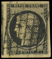 EMISSION DE 1849 - 3    20c. Noir Sur Jaune, Voisin à Gauche, Obl. GRILLE, TTB - 1849-1850 Ceres