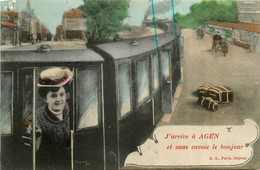 Agen * J'arrive Dans La Ville Et Vous Envoie Le Bonjour * Souvenir * Gare Train - Agen