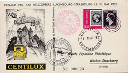 28077# CARTE Obl CENTILUX LUXEMBOURG 31 MAI 1952 VOL PAR HELICOPTERE STRASBOURG BAS RHIN WACKEN CONGRES FEDERAL - Brieven En Documenten