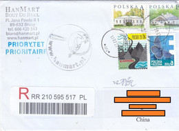 Poland Air Registered Mail Cover To China — 1998 Manor Houses/2013 Butterfly/2018 Via Carpatia Stamps - Storia Postale
