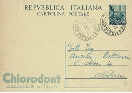 INTERO REPUBBLICA QUADRIGA 20 LIRE CHLORODONT 1952 MILANO X CITTA' - Interi Postali