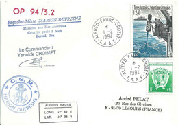 YT 187 Carottage En Mer - Posté à Bord Du MD - Alfred Faure - Crozet - 01/02/1994 - Lettres & Documents