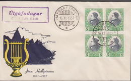 1957. ISLAND. JÓNAS HALLGRIMSSON 5 Kr. IN 4-BLOCK ON FDC HAFNARFJÖRDUR 16. XI. 1957. Very Unu... (Michel 322) - JF518919 - Covers & Documents