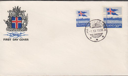 1958. ISLAND. FLAG 3, 50 + 50 Kr. FDC HAFNARFJÖRDUR 1. XII. 1958. Very Unusual FDC Cancel... (Michel 327-328) - JF518921 - Storia Postale